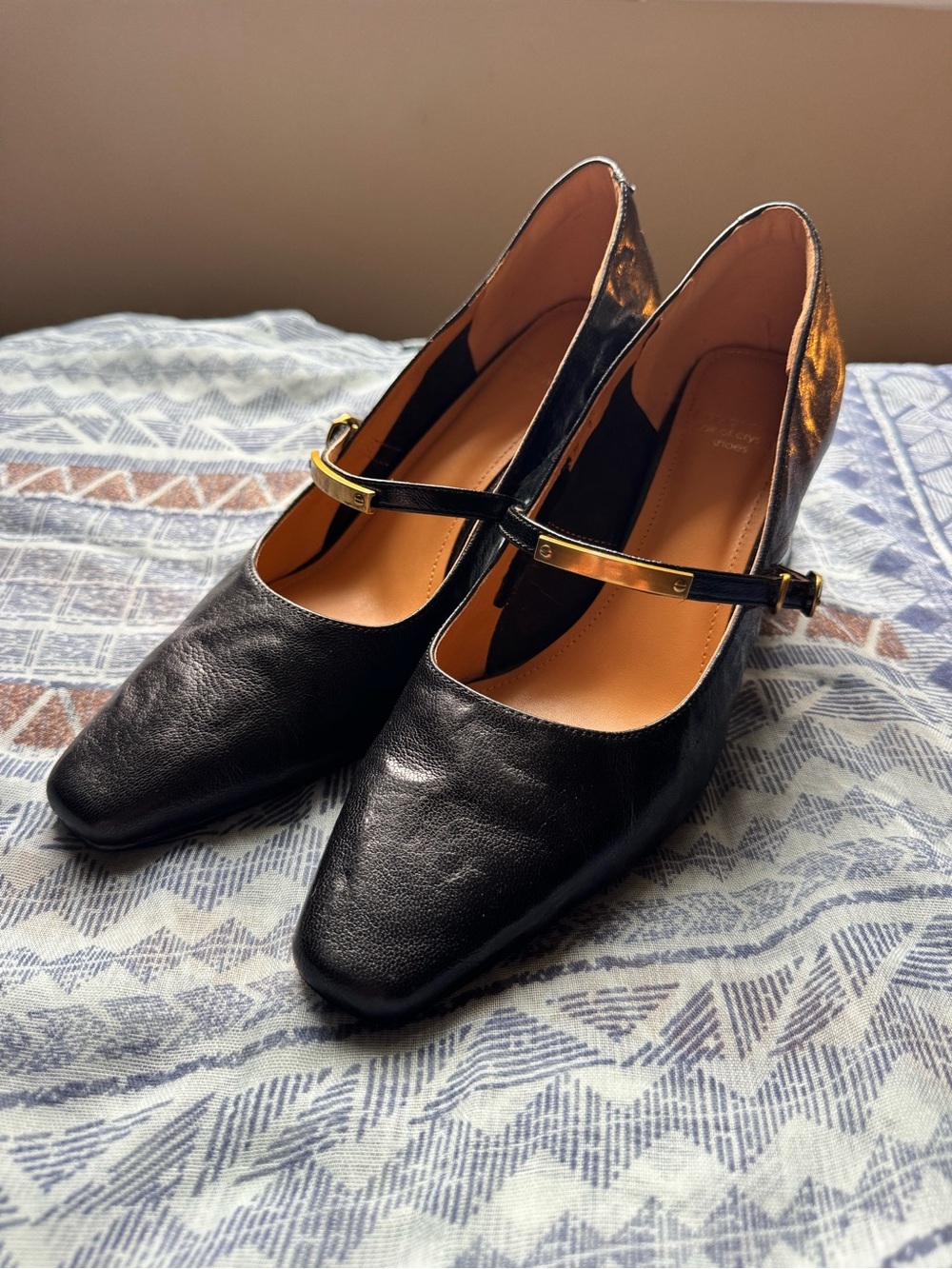 Black Leather Mary Jane Heels with Gold Accent Strap